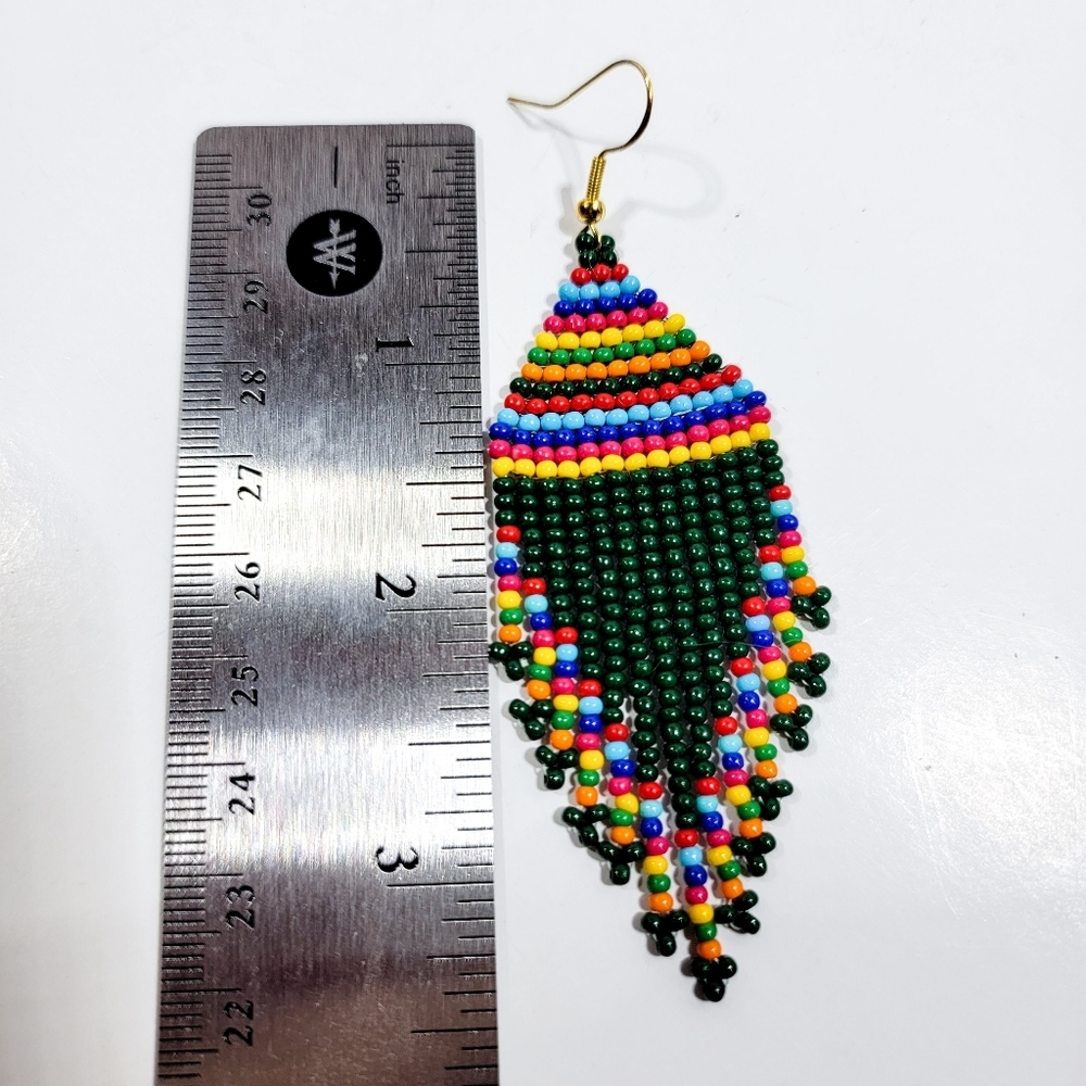 Handmade Forest Green Tribal Seed Bead Fringe Earrings - Picture 2 of 7
